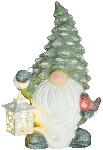 HOMCOM Weihnachtsdeko Figur, Weihnachtsmann mit Weihnachtsbaum-Mütze und Laterne, 42 cm Weihnachtsfigur mit LED-Licht, Dekofigur zu Weihnachten, für In- und Outdoor