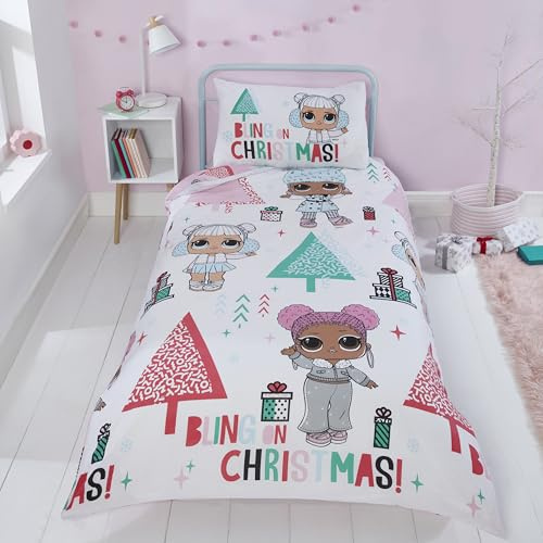 L0L Single Duvet Cover Set Christmas Themed - Officially Licensed Kids Bedding - Reversible Soft Polycotton Quilt Cover with Pillowcase - Festive Design for Girls Bedroom - 135x200 cm