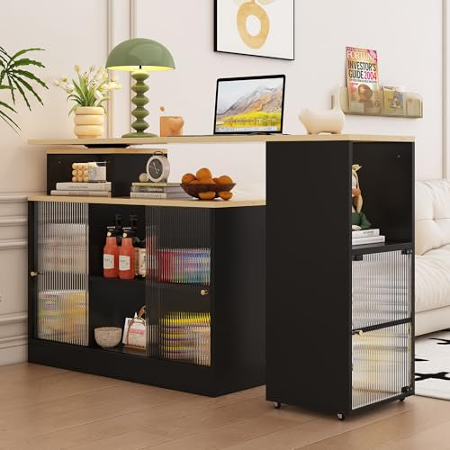 Ymkua Ausziehbarer Bartisch mit Stauraum, Beweglicher Bar Tisch Anrichte mit Türen, Moderner Ausziehbarer Esstisch, Bistro Table, Stehtisch Bistrotisch für Esszimmer Theke, Schwarz 155×100×90 cm