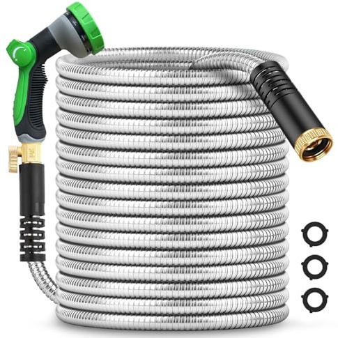 200Ft Metal Garden Hose Durable Stainless Steel Water Hose, Flexible, Lightweight Hose is Resistant to Kinks and tangles.with 10-Way Nozzle, Strong 3/4” Metal Fittings, and a Stop Valve.