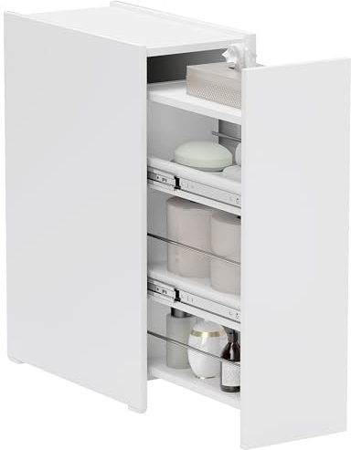 HOMCOM Badezimmerschrank schmal, Toilettenschrank Beistellschrank mit Rad, Schublade inkl. 3 Tiefe Fächer, Nischenregal, Badschrank für kleine Räume, Wohnzimmer, Badezimmer, 47 x 25 x 66,5 cm Weiß