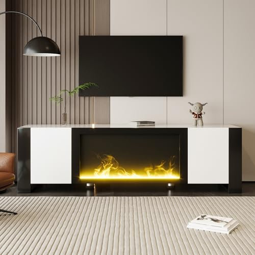 Hochglanz TV-Schrank 165x55x32 cm, Moderner TV Lowboard mit elektrischem Kamin Flammeneffekt, keine Heizfunktion, Fernsehschrank Wohnzimmer mit 2 Türen, Fernsehtisch für TV bis 60 Zoll, Weiß+Schwarz