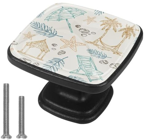VAPOKF Schubladenknauf, Sommer, Strandkorb, Sonnenschirm, Kieselsteine, Schrank, Schublade, Schrankknöpfe mit Schrauben, für Zuhause, Büro, Schrank, 4 Stück