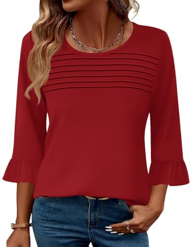 Kistore Womens Tops Ladies 3/4 Sleeve Summer Blouses Going Out Top for Women UK Crew Neck Fitted Tunic Pleated Shirts Red S