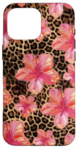 Cute Aesthetic Pink Hibiscus Pattern Leopard Print Girly Y2K Case for iPhone 16 Pro Max