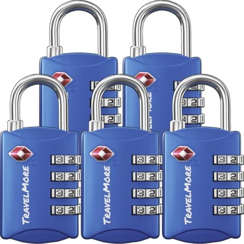 TravelMore TSA Approved Luggage Locks, Travel Padlocks for Suitcases | Durable, Sturdy, Easy Set Up & Use, Weatherproof, 4-Digit Security, for Suitcases, Backpacks, Bags, Zippers, 5-Pack, Blue
