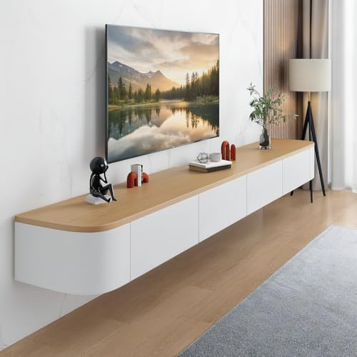 FGNIXLN Floating TV Unit,120-300CM Wall Mounted TV Cabinet, Floating TV Stand with Flip-Down Doors & Drawers, Modern TV Media Console Center Large Storage TV Bench (Wood-White, 300CM)
