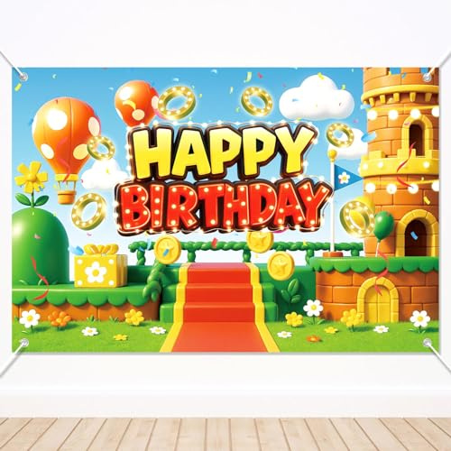 150x100cm Toile de Fond Joyeux Anniversaire, Thème Dessin Animé Jeux Vidéo Bannière d'anniversaire pour Décorations de Fête Accessoires Photo