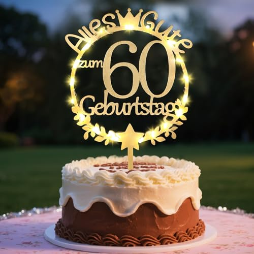 Deko 60 Geburtstag Frau, Tortendeko 60. Geburtstag Deko Cake Topper mit LED | Tortendeko 60 Geburtstag Frau Holz, 60 Geburtstag Kuchen Deko mit Kronendesign, Tischdekoration für Frauen