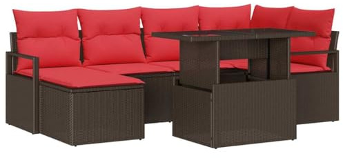 vidaXL Gartensofa-Set mit Speicher 7 pcs Braun und Rot Poly Rattan, Modularer Gartensofa-Set, robuster Rattan Lounge, UV-beständig, anpassbare Frühlingsentspannung
