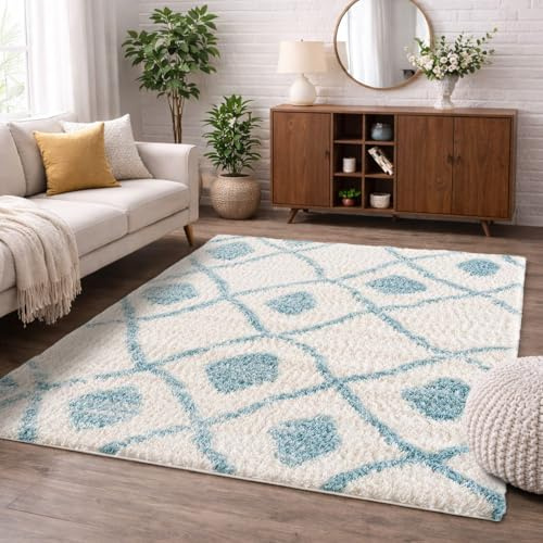 carpet city Hochflor Teppich Shaggy Creme, Blau 120x160 cm - Abstraktes Muster - flauschig weich, kuschliger Schlafzimmer- & Wohnzimmerteppich