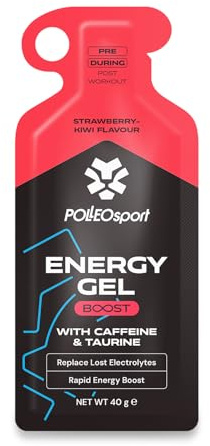 Polleo Energy Gel - Isotonisches Energiegel mit 28 g Kohlenhydraten - Schnelle Energie für Training, Ausdauer & Sport - Mit Koffein & Taurin - Vegan (40 g, Kiwi & Strawberry)