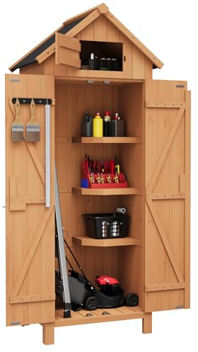 Wasserdichter Holz Werkzeugkammer 72 × 55 × 177 cm, Gartenlagerschrank mit 3 Regalböden, Abschließbare Tür, Vertikaler Aufbewahrungsschrank inkl. Zubehör für Garten, Terrasse, Balkon, Werkstatt