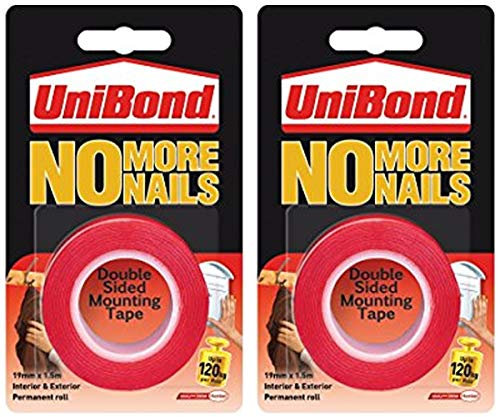 2 X UniBond No More Nails Permanent Roll - 19 mm x 1.5 m Mounting Tape