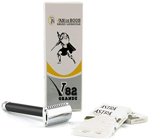 Van De Boos® Rasierhobel Set Grande inkl. 20 Astra Rasierklingen - Sicherheitsrasierer Nassrasierer mit 2-seitigem Klingenkopf & 3-teiligem System mit geschlossenem Kamm (Damen & Herren Rasierer)