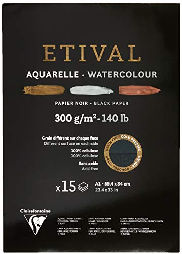 Clairefontaine - Ref 975321C - Etival Cold Pressed Black Watercolour Painting & Drawing Pad (15 Sheets of Paper) - A1 (84 x 59.4cm) - 300gsm Cellulose Art Paper
