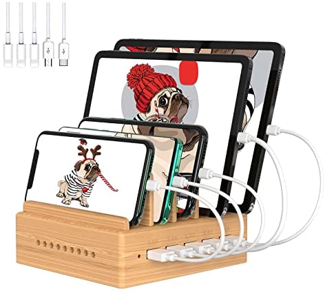 Alltripal Handy Ladestation USB Ladegerät mehrfach für mehrere Geräte Smartphone Ladegerät für Handys Ladestation Mehrere Geräte USB aus Bambus mit 5 Kabel