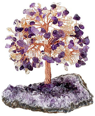 KYEYGWO Amethyst & Citrine Reiki Heilung Kristallbaum auf Natürlichen Amethyst Drusensegment Rohstück Base, Stein Geldbaum Feng Shui Bonsai Baum Figuren Ornament Haus Deko für Glück, Reichtum