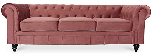 INTENSE DECO Canape Chesterfield Velours 3 Places Altesse Vieux Rose