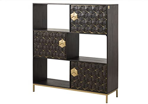 DIAMOND Regal Wohnzimmer breit Mango Massivholz, Standregal grau geölt auf Eisengestell, Bücherregal 3 offene Fächer, 3 Türen Push-To-Open-Technik, goldfarbenes Eisengestell, Mosaik, Ornamente, Muster