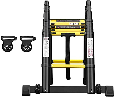 NAIZY Aluminium Teleskopleiter Klappbar 3,8m Multifunktionsleiter Anlegeleiter Mehrzweckleiter Ausziehbare Leiter 12 Sprossen 87cm Belastbarkeit 150KG - Schwarz + Gelb