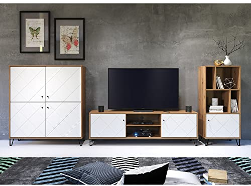 Lomadox Wohnwand modern in Artisan Eiche Nb. mit weiß matt, B/H/T: ca. 399/136/40 cm