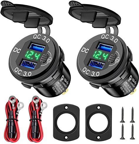 Linkstyle USB Auto Ladebuchse, Dual QC3.0 USB Ladegerät Steckdose mit LED Voltmeter für 12V/24V Fahrzeuge, 2Stück Grün