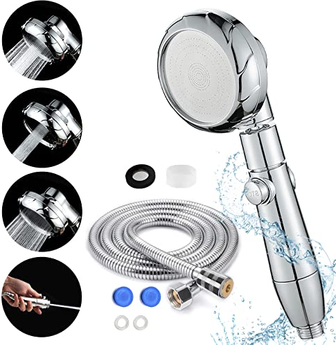 Soffione Doccia Alta Pressione, Doccia Soffione Grande con 2M Tubo Acciaio Inox, Risparmio Idrico Anticalcare Doccino per Doccia 3 Tipi di Getto, per Doccia,Capelli,Animali,Bambini (Cromo, Argento)