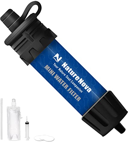 NatureNova Mini-Wasserfilter, tragbares Notfall-Wasserfiltersystem, Wandern, Camping, Strohhalm, Überlebensausrüstung, Notfallvorsorge (blau, 1 Packung)
