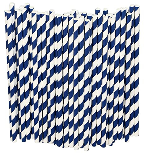 Pailles jetables en papier en vrac 1000 pièces, bleu/blanc rayé, 19,7x0,6cm - biodégradables et durables
