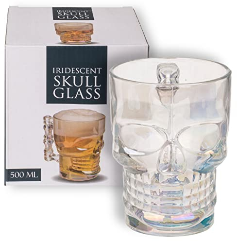 MIJOMA Verre à bière avec anse - Motif tête de mort - Pour environ 500 ml - Environ 9,3 x 7 x 12,5 cm
