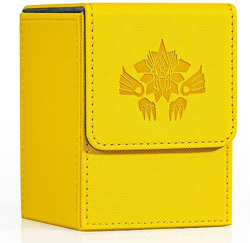 UAONO Card Deck Box for Yugioh MTG, 100+ Deck Case with 2 Dividers, PU Leather Storage Box Compatible with Collectible Trading Cards (Yellow, Wing Dragon)