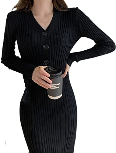 Zozogag Knitted Long Sleeve Dress Women Slim Bodycon Button V Neck Midi Ribbed Sweater Dress Black