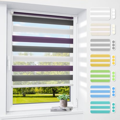 Doppelrollo klemmfix ohne Bohren & mit Bohren, 40x150cm (BxH) Weiß Lila Anthrazit, 3-in-1 Duo Rollo für Fenster & Tür, Fensterrollo innen lichtdurchlässig & verdunkelnd, Klemmrollo Rollos Sonnenschutz