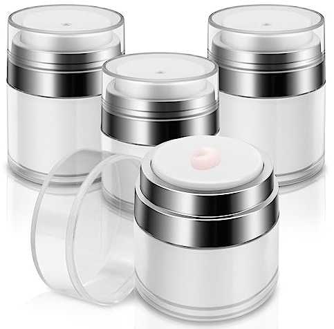 4 Pcs Airless Pump Jar With Labels, Refillable Cream Jar Vacuum Bottle Travel Size Empty Container for Cream and Lotion(2 pcs 1oz, 2 pcs 0.5oz)