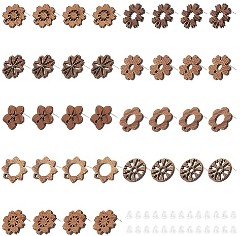 UNICRAFTALE 36 Stück 9 Stil Walnussholz Ohrstecker Mit 60 Stück Kunststoff Ohrmuttern Blumen DIY Ohrstecker Holz Ohrring Herstellungs Zubehör Für DIY Ohrring Schmuckherstellung