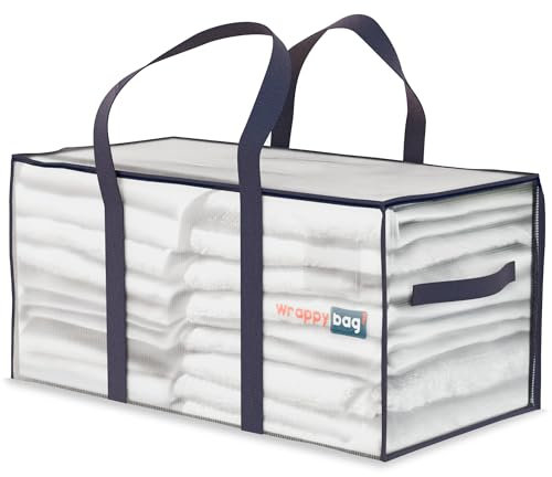 WRAPPYBAG im 10er-Pack Große Aufbewahrungstaschen aus transparentem Kunststoff – XXL-Tasche für Umzug/Reise – Stabil, dick & wasserdicht mit verstärkten Griffen – für Kleidung & Bettwäsche –75x36x38cm