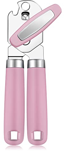 Rainspire Can Opener Manual Handheld Strong Manual Can Opener Smooth Edge Cut, Can Opener Heavy Duty, Comfortable Soft Handle, Built-in Bottle Opener, Black (Pink)