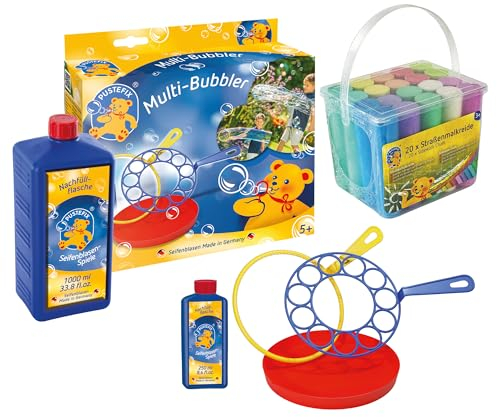 MALEFIX Straßenkreide 20er Packung + PUSTEFIX Multi-Bubbler mit Seifenblasen Nachfüllflasche 1 L I Spiel & Spaß für Kinder I PUSTEFIX Seifenblasen Set