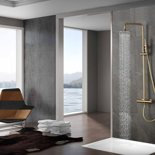 IMEX - Columna Ducha Termostatica Oro con Grifo | Conjunto de Ducha con Alcachofa y Rociador Antical Efecto Lluvia | Griferia en Latón y Acero Inox S.304 con Barra Extensible Dorada | Serie Monza