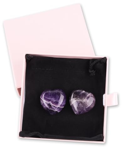 MIYUANGKJ 2 Stücke 30mm Klein Amethyst Herz mit Rosa Geschenkbox Geschenk Mama Kristalle Stein Gua Sha Palm Tasche Edelsteine Kristall Steine Meditation Liebe Reiki Energie Balancing Meditation