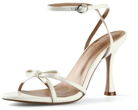 iiimmu Women's Bow Heels 4 IN Stiletto Heeled Sandals for Women Round Open Toe Sandal Heels Elegant Summer Heels Soft PU Leather/Faux Suede, White, 8 UK