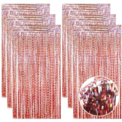 QEEYON 6 Pièces Rideau Métallique de Frange Or Rose, 1 x 2 m Frange pour La Décoration,Rideaux à Franges en Feuille pour Décoration de Mariage, Remise de Diplôme, Anniversaire, Noël, Vacances