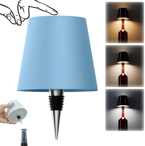 AIMARS Wireless Bottle Lamp, 3 Color Stepless Dimming Wine Bottle Lamp, LED Rechargeable Touch Control Wireless Bottle Lampshade for Bedroom, Restaurant, Bar (Blue, 1-Pack)