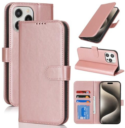 Zouzt Case for iPhone 15 Pro (6.1 Inch), Premium PU Leather Wallet Case with Credit Card Holder Slot Flip Folio Kickstand Shockproof Protective Phone Cover (Rose Gold)