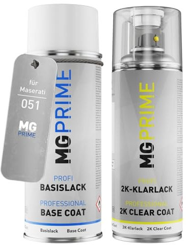 MG PRIME Vernice per auto Kit bombolette spray 2K per Maserati 051 Nero Profondo Opaco Bomboletta a spruzzo vernice di base 2 componenti vernice trasparente