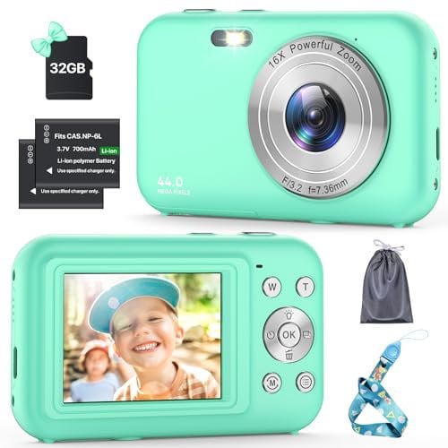 Appareil Photo Numérique avec Carte 32Go, 1080P 44MP Appareil Photo Compact avec 16X Digital Zoom et 2 Batterie, Rechargeables Appareil Photo pour Enfant,Adolescent, Adulte, Débutant (Vert)