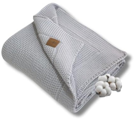 Little Dedi Temperatur-regulierende Strickdecke aus Bio-Baumwolle, GOTS-Zertifiziert, 80x100 cm. Nebelgrau– Ideal als Kuscheldecke und in eleganter Geschenkbox für Babys, Atmungsaktiv