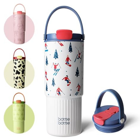 BOTTLE BOTTLE Isolierte Wasserflasche mit Strohhalm und Griff, Edelstahl-Wasserflaschen für Auto, Sport, Zuhause, Büro und Schule, 750 ml, auslaufsicher (Skifahren)