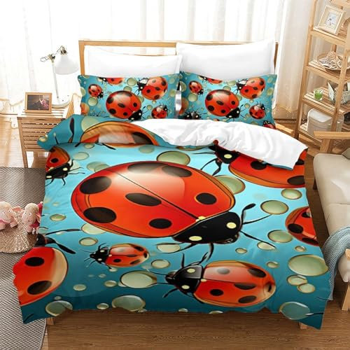 RJAVAGFZL Marienkäfer 3D Gedruckt Bettwäsche 3 Teilig Ettbezüge Mit Kissenbezügen Soft Microfaser Luxus Modern Mit Reißverschluss Für Erwachsene Und Kinder Single（140x200cm）